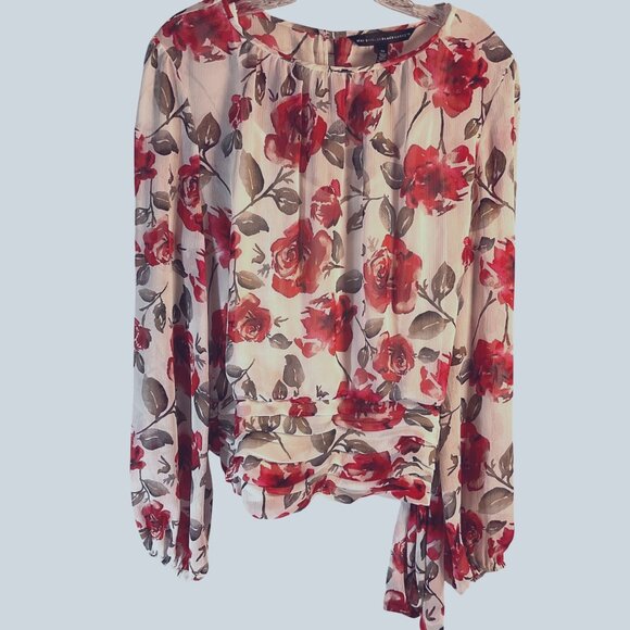 White House Black Market Rose Floral Sheer Blouse Top Lined Cami Ruched Waist - Picture 1 of 8
